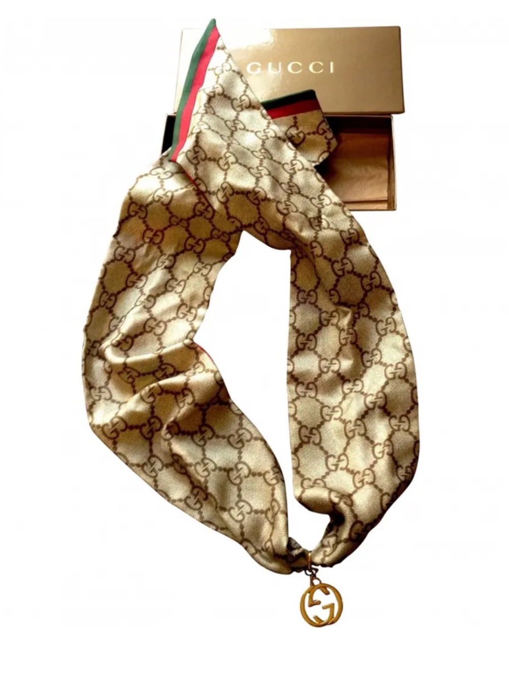 Gucci beige brown GG monogram silk twilly with red trim and gold charm with box